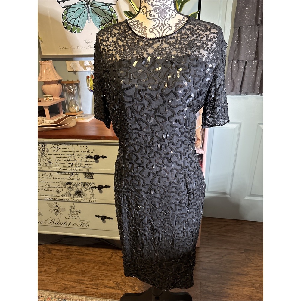 Robert Anthony 100% Pure Silk Vintage Sequined Dress Sz‎ 14